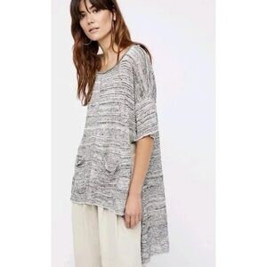 Melange Knit Tunic Top Womens L Oversized High Low Black White Knit